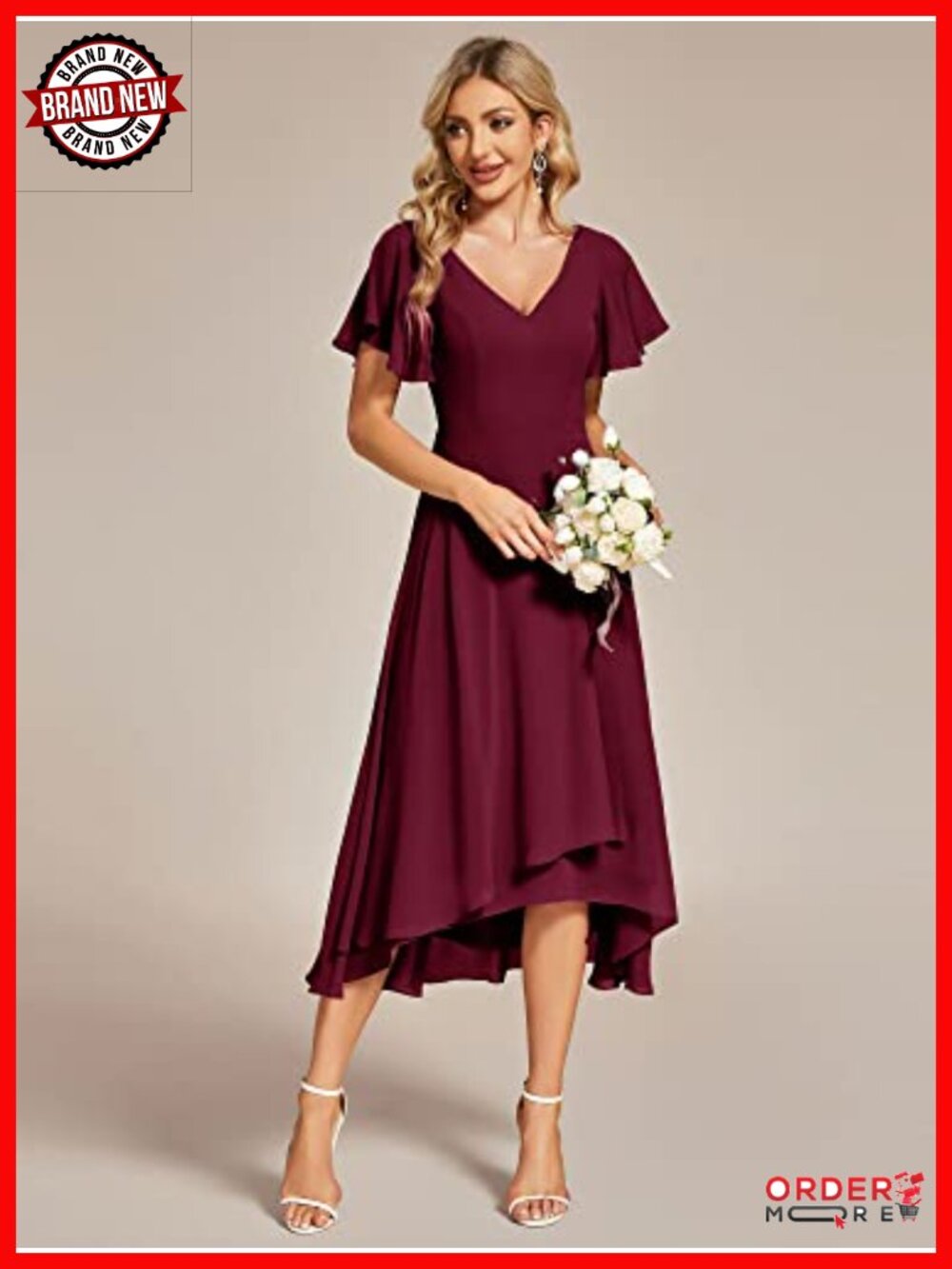 Elegant Chiffon V-Neck Flowy Midi Cocktail Dress - Picture 2 of 6